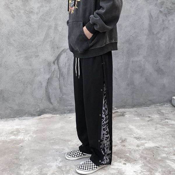 

fashion brand leopard pattern stitching button pants for men, Black