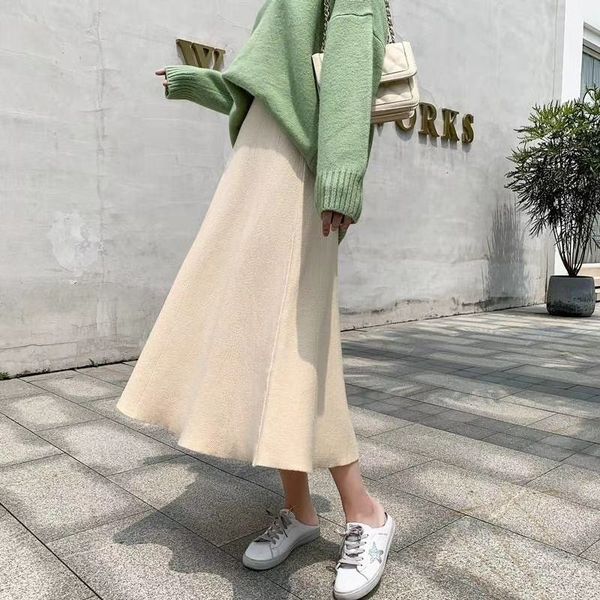 

women 2021 autumn winter chic slim high waist a-line female wild solid knitted pleated skirt new warm skirts faldas a243crks, Black