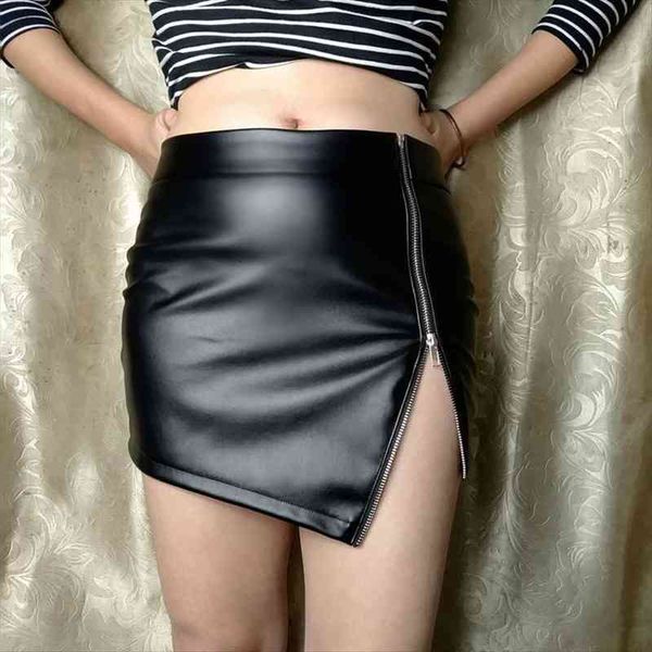 

women two way zipper open mini skirt pu faux leather shiny tight ol skirt high waist pencil package hip, Black