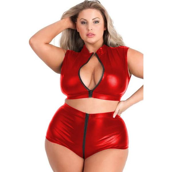 

women's t-shirt two piece metallic pu set zip shorts tracksuit matching crop with high waist suits s-7xl, White