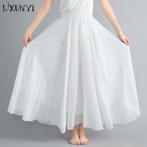 

skirts lxunyi high waist linen skirt for women summer candy colorful maxi long ankle length beach female a line bohemian, Black