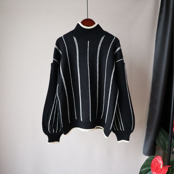 

women's 2021 sweater pullover autumn winter new lantern sleeve lazy style thick knit warm vertical stripe v kvt0, White;black