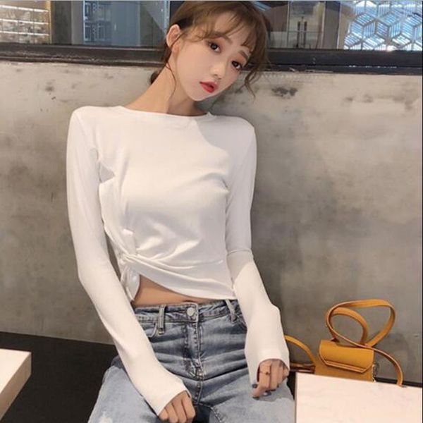 

women's t-shirt fashion style t shirt woman short length solid color long sleeve o neck women tees slim fit femme, White