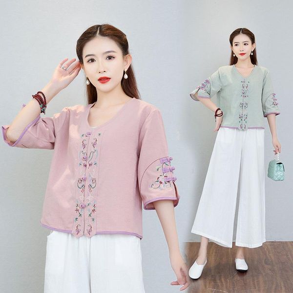 

yoga outfit cotton linen women tai chi kungfu meditation set summer embroidery loose sweatshirt+pant jogger fitness workout casual