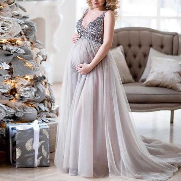 Donne sexy abiti di maternità per servizio fotografico Sling incinta scollo a V paillettes cocktail lungo maxi abito da ballo vestito da donna sukienki Q0713