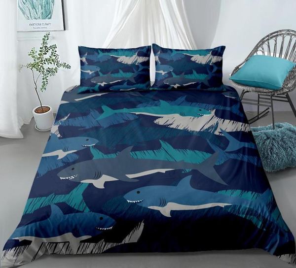 

cartoon blue shark bedding set duvet cover 3-piece bedspreads ocean animals bed cover set blue shark pattern home textil
