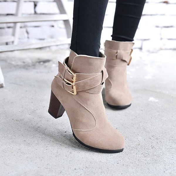 

boots fashion ankle flock women basic round toe buckle solid vintage high square heel zip casual big size shoes, Black