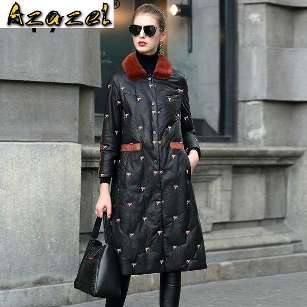 

women's leather & faux collar female jacket sheepskin down coat real genuine winter women clothes 2021 korean vintage 4024, Black