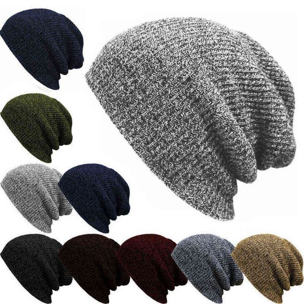 Unisex Knitting Hat Chapéu Casual Homens Inverno Quente Baggy Beanie Cor Sólida Mulheres Simples Soft Ski Slouchy Cap Y21111