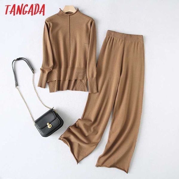 

tangada winter women elegant turtleneck jumper knit suit 2 pieces sets pullovers long knitted wide leg pants suits yu18 210609, White