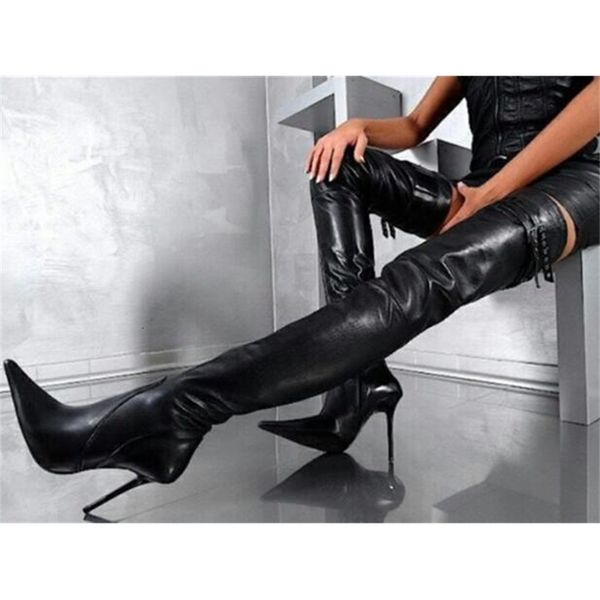 

boots big 47 size black woman pointing toe stiletto heels buckle decoration thigh over knee boots thin night club long q7ra