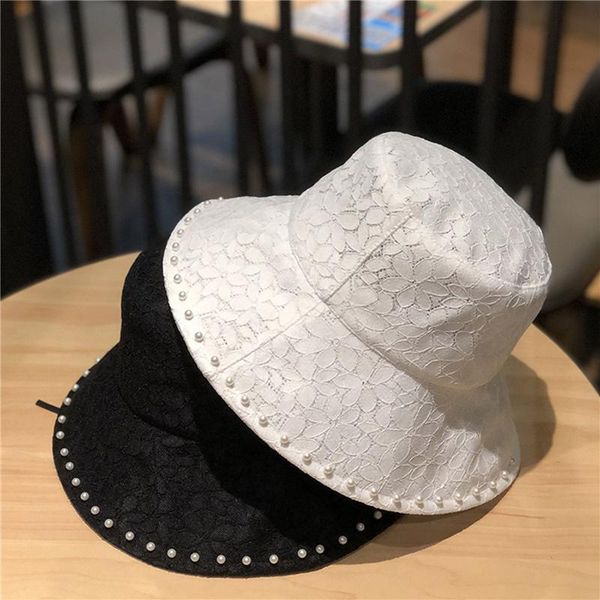 

outdoor hats fashion women lace pearl bucket summer autumn street style harajuku print sunscreen travel hunting cap gift, Black;white