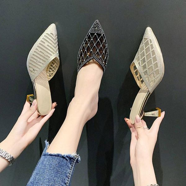 

slippers 2021 summer women's fashion sandals and slipper rhinestone mesh hollow out pointed toe high heel slides shoes female, Black