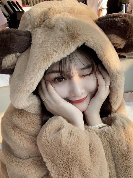 

women's fur & faux winter cute bear hair plush velvet coat female ears hooded soft girl l women clothes jacket, Black