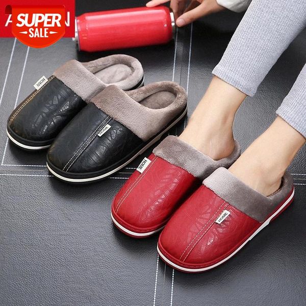 

asifn men home winter slippers women memory foam non-slip indoor house warm cotton shoes ladies slippers with fur pu leather #rd04, Black