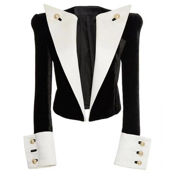 

women's suits & blazers [ewq] 2021 spring female office lady turn down collar long-sleeved cardigan patchwork panelled velour short bla, White;black