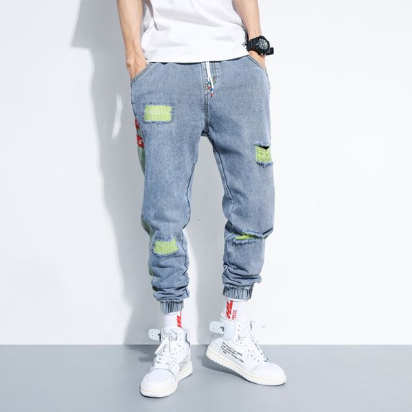 

iidossan hole jeans men regular fashion hiphop pants casual harem jeans streetwear denim men pleated trousers slouchy jeans 201111, Blue