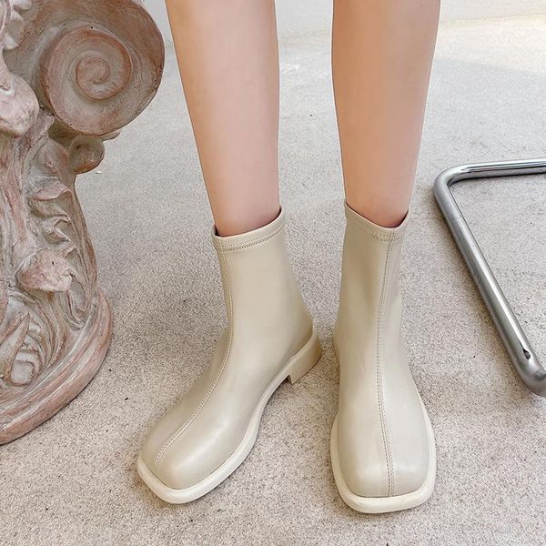 

boots low heel ankle women shoes square toe concise pu leather short heels black beige botines mujer