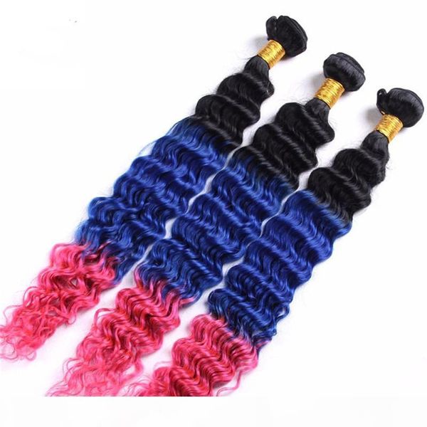 

#1b blue pink ombre peruvian deep wave human hair bundles black and blue pink three tone ombre virgin human hair weaves extensions