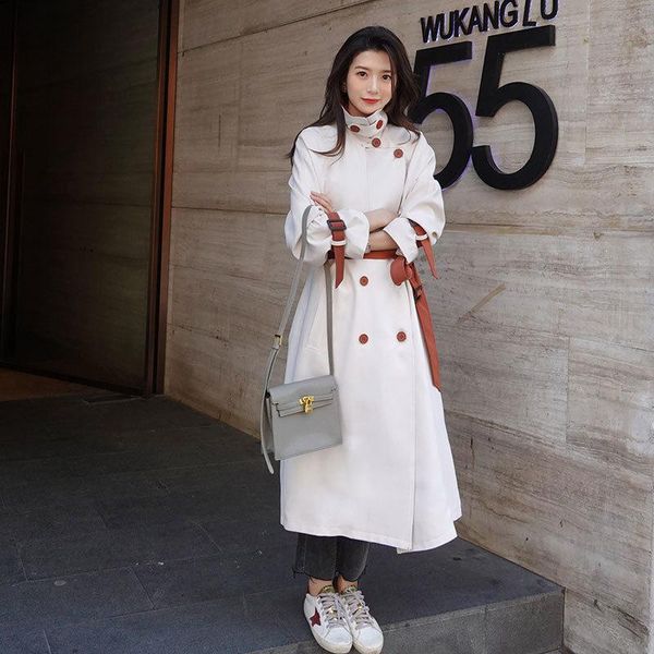 

women's trench coats autumn women beige mid-length color contrast patchwork plus sashes loose elegant double breasted windbreaker femal, Tan;black