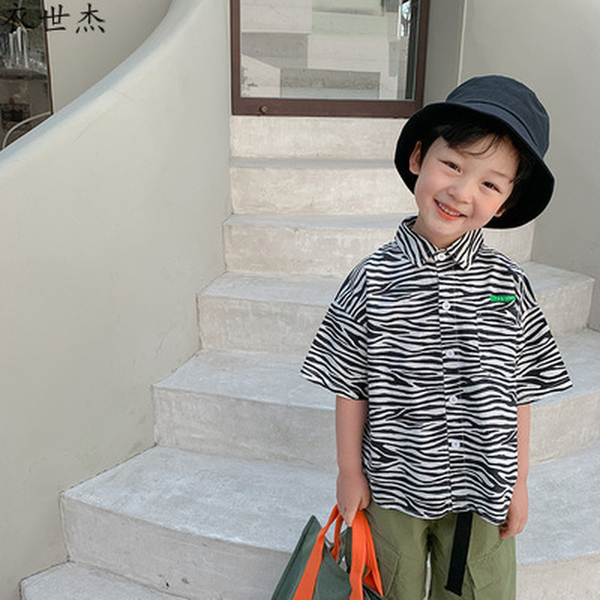 

childrens shirts 2022 summer new childrens clothing men and women baby thin short-sleeved boys striped shirt trend, Blue