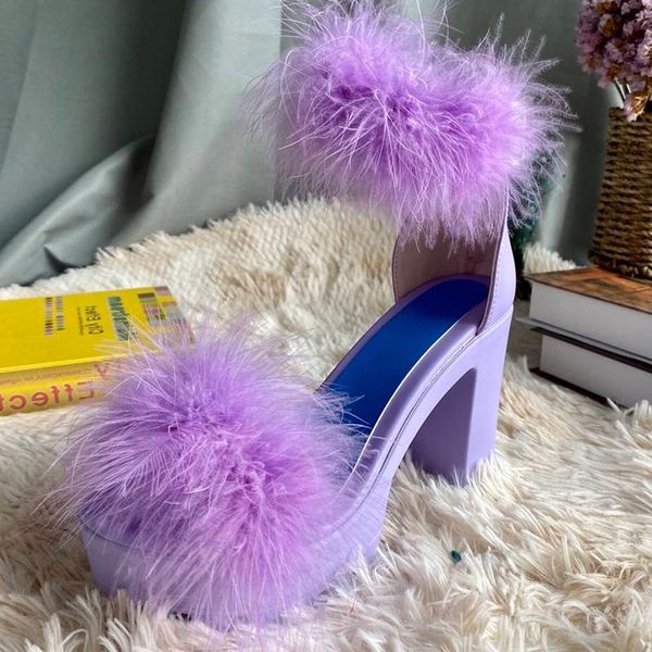 

sandals women plush fur woman high heels peep toe pumps lady square heel shoes mujer summer female footwear plus size 43, Black