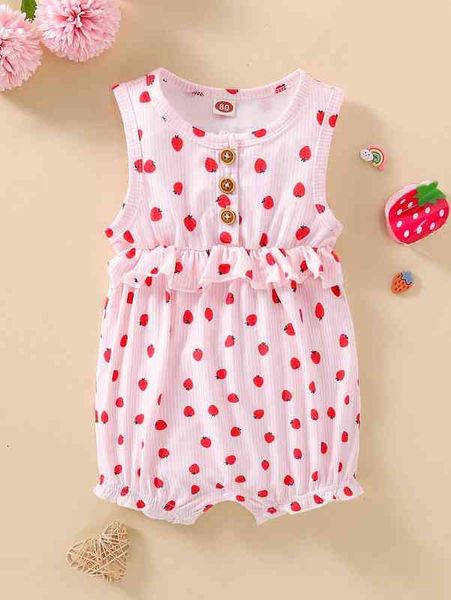 

baby vertical striped & strawberry print ruffle trim bodysuit she, Blue