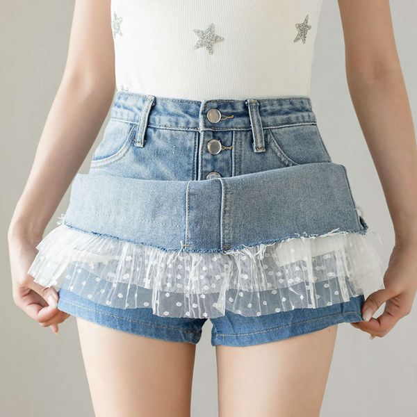 

denim spring 2021 lace with buttocks women's summer fashion versatile high waist a-line skirt, Blue
