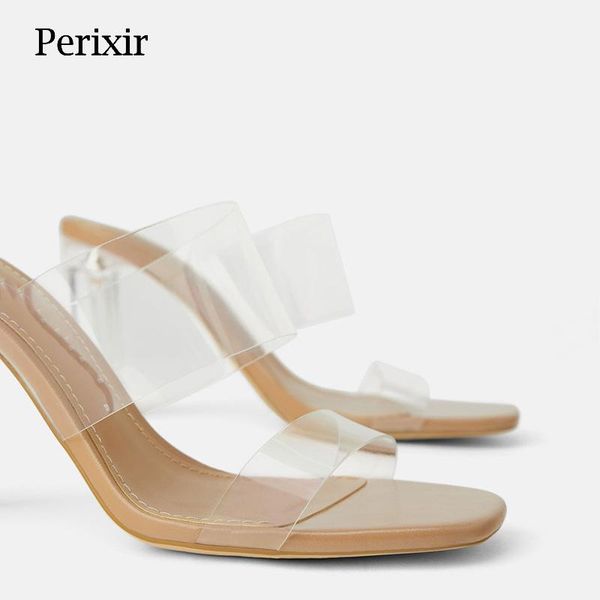 

sandals perixir design women pvc square crystal heel open toe slip on transparent summer fresh and cool mules ladies shoes, Black