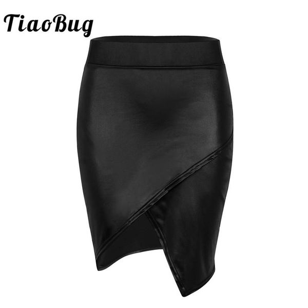 

skirts tiaobug women black wet look faux leather mini skirt high waist asymmetrical side slit office bodycon a-line party pencil