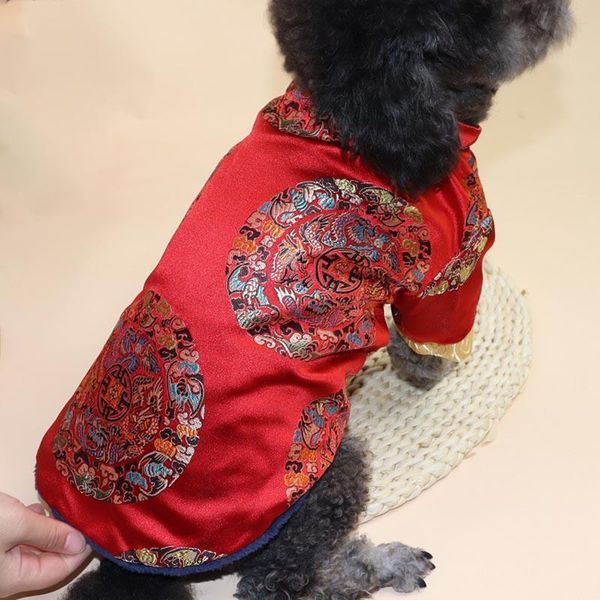 

new pet dog new year clothes festive chinese style retro tang suit costume plus velvet two-legged cheongsam pet coat