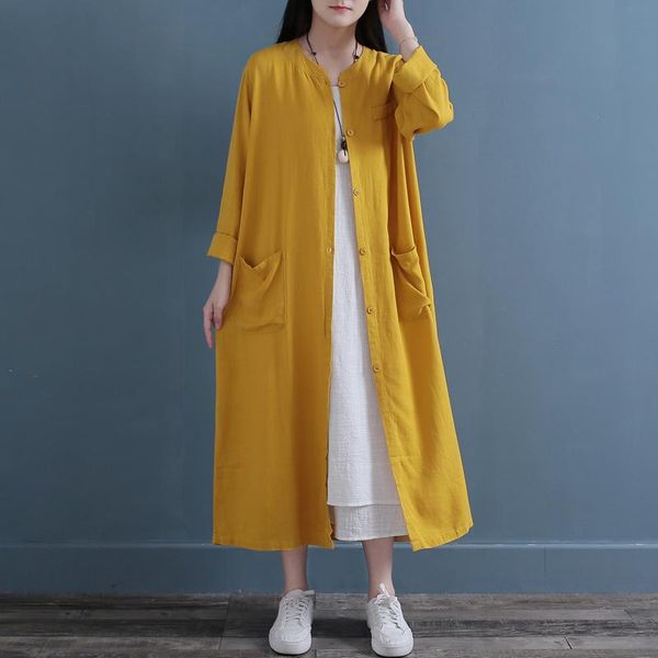 

women's trench coats cotton linen women thin 2021 autumn long sleeve solid color single breasted vintage coat yoyikamomo, Tan;black