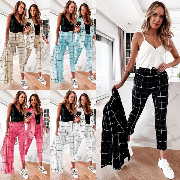 

women's two piece pants fashion plaid blazer suits formal office lady women outfits double-breasted large size pant 5 colors, White