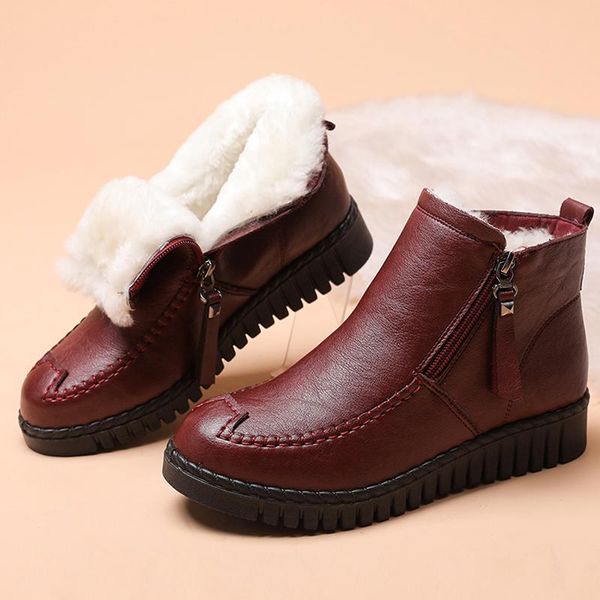 

boots 2021 leather snow short winter warm fur shoes round toe zip up footwear platform wedges women soft thick plush booties, Black