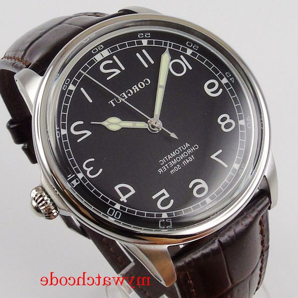 

41mm corgeut mechanical automatic men watch miyota 8215 movement green/blue/black dial luminous hands leather band, Slivery;brown