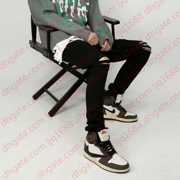 

high street knee hole straight jeans for men washed retro solid casual denim trousers oversize hip hop loose jena pants, Blue