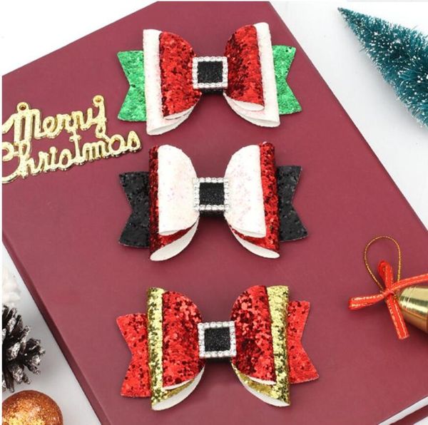 

hair accessories wholesale 16 pcs/lot, 3 inch christmas glitter bow clips, faux leather chunky kids girls, Slivery;white
