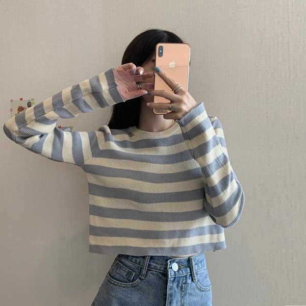 

women's t-shirt 2021 autumn korean chic lazy short retro loose harajuku t shirts striped knitted bm long-sleeved for female, White