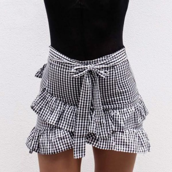 

skirts lace up plaid short skirt women ruffle high waist bow tie a-line female bottom vintage mini summer beach, Black