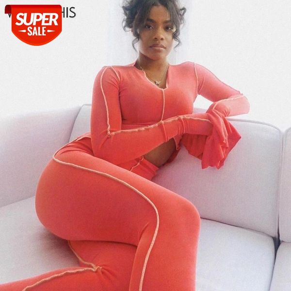 

WannaThis Two Piece Set Women Hem Split Hollow out Flare Sleeve Tops Women's Pants Trousers Patchwork Autumn Streetwear Sexy Set #RU7A, White