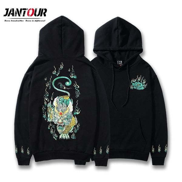

jantour brand men hoodie japanese style embroidery chinese unicorn hooded 100% cotton harajuku sweatshirt hoodies mens 3xl 4xl 201128, Black