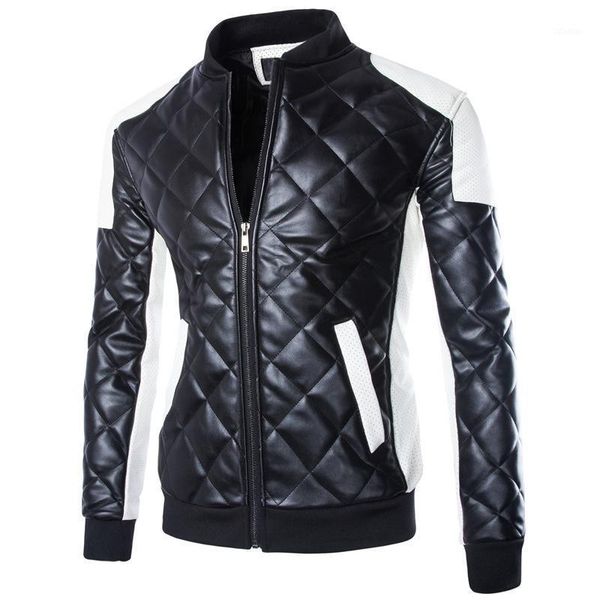 

men's leather & faux autumn and winter locomotive clothes color matching large stand collar coat jacket, Black