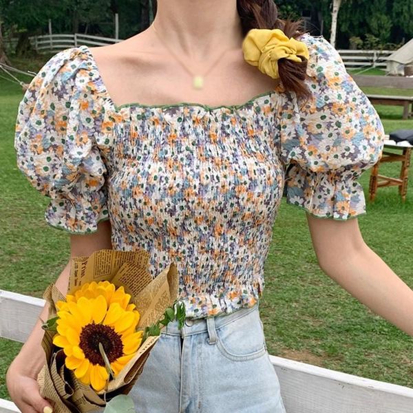

women's blouses & shirts sweet floral chiffon shirt slotted collar sleeve slim wild short, White