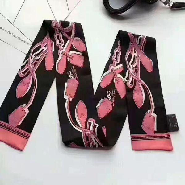

silk scarf new headband flower stripe double-sided silk scarves for woman female tied bag ribbon hair band no box, Blue;gray
