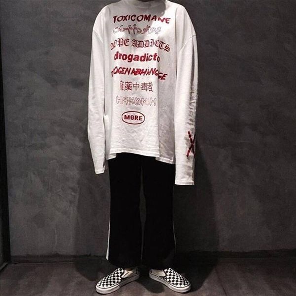 

2021 new cool t-shirt longos da luva dos homens letra impressa casual t shirt branco preto moda harajuku hip hop casal tee camisa la19, White;black