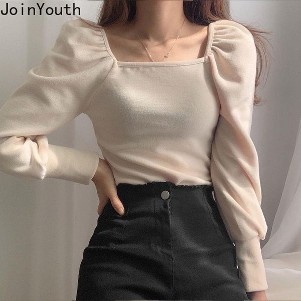 

joinyouth thicked velvet shirts for women square collar slim fit blouses sweet puff sleeve female korean fashion blouse 210225, White