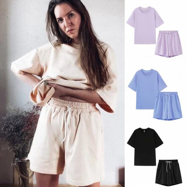 

women's tracksuits fashionable 2021 summer pure color o neck casual short sleeve t shirt two piece oversized shorts set for women all, Gray