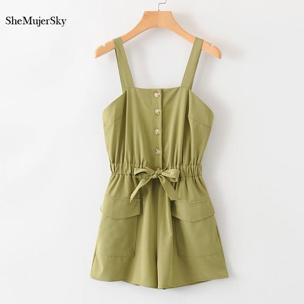 

shemujersky summer green spaghetti strap playsuit women buttons bandage rompers and jumpsuits with pockets 2021 overalls, Black;white