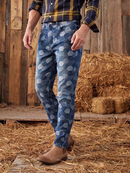 

men geo print slant pocket jeans p7b4#, Blue