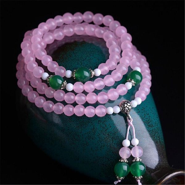 

beaded, strands 6mm natural pink chalcedony 108 beads bracelet female crystal buddhist prayer mala beaded bracelets yoga meditation jewelry, Black